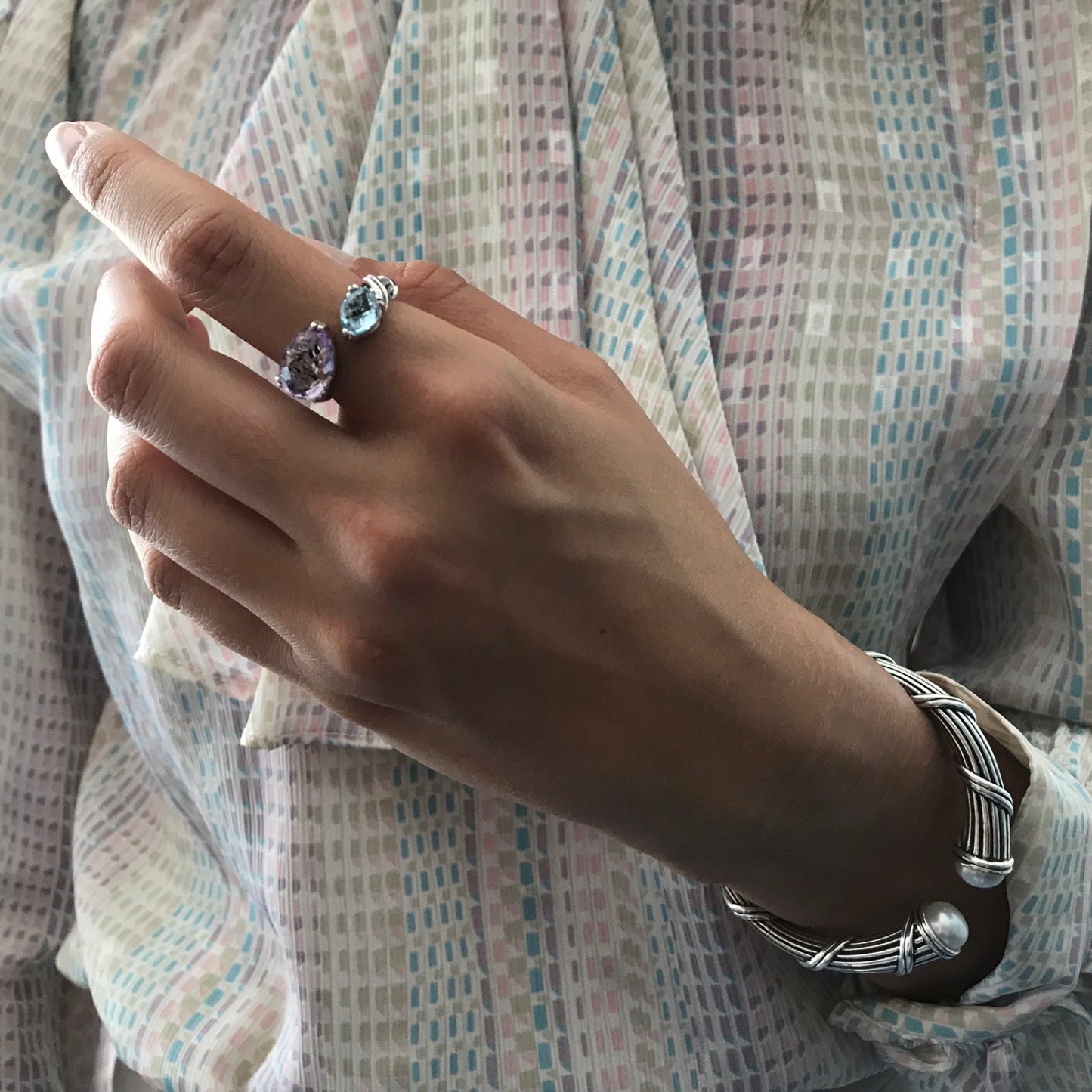 Fantasies Pear Bypass Ring in sterling silver with amethyst and blue topaz
