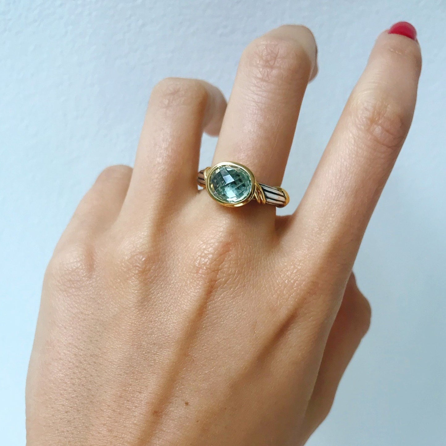 Fantasies Prasiolite Oval Bezel Set Ring in two tone sterling silver