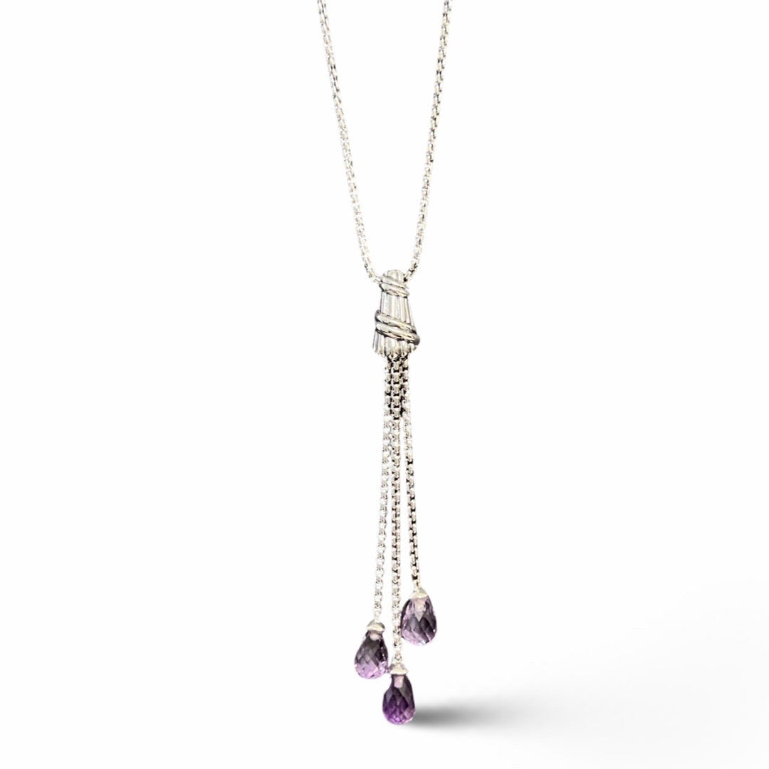 Cascade Briolette Dangle Pendant Necklace in sterling silver with amethyst