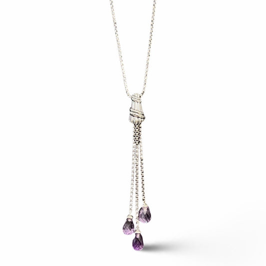 Cascade Briolette Dangle Pendant Necklace in sterling silver with amethyst