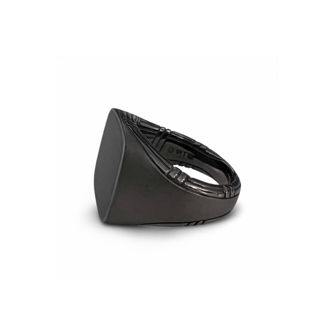 Explorer Cushion Signet Ring in matte dark grey ruthenium sterling silver with black onyx