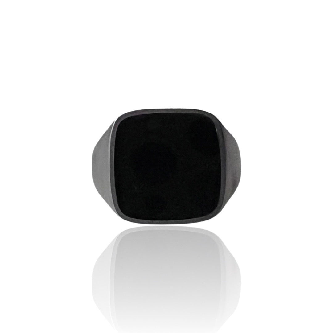 Explorer Cushion Signet Ring in matte dark grey ruthenium sterling silver with black onyx