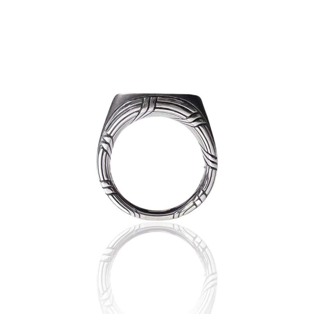 Explorer Cushion Signet Ring in matte two tone sterling silver with black onyx