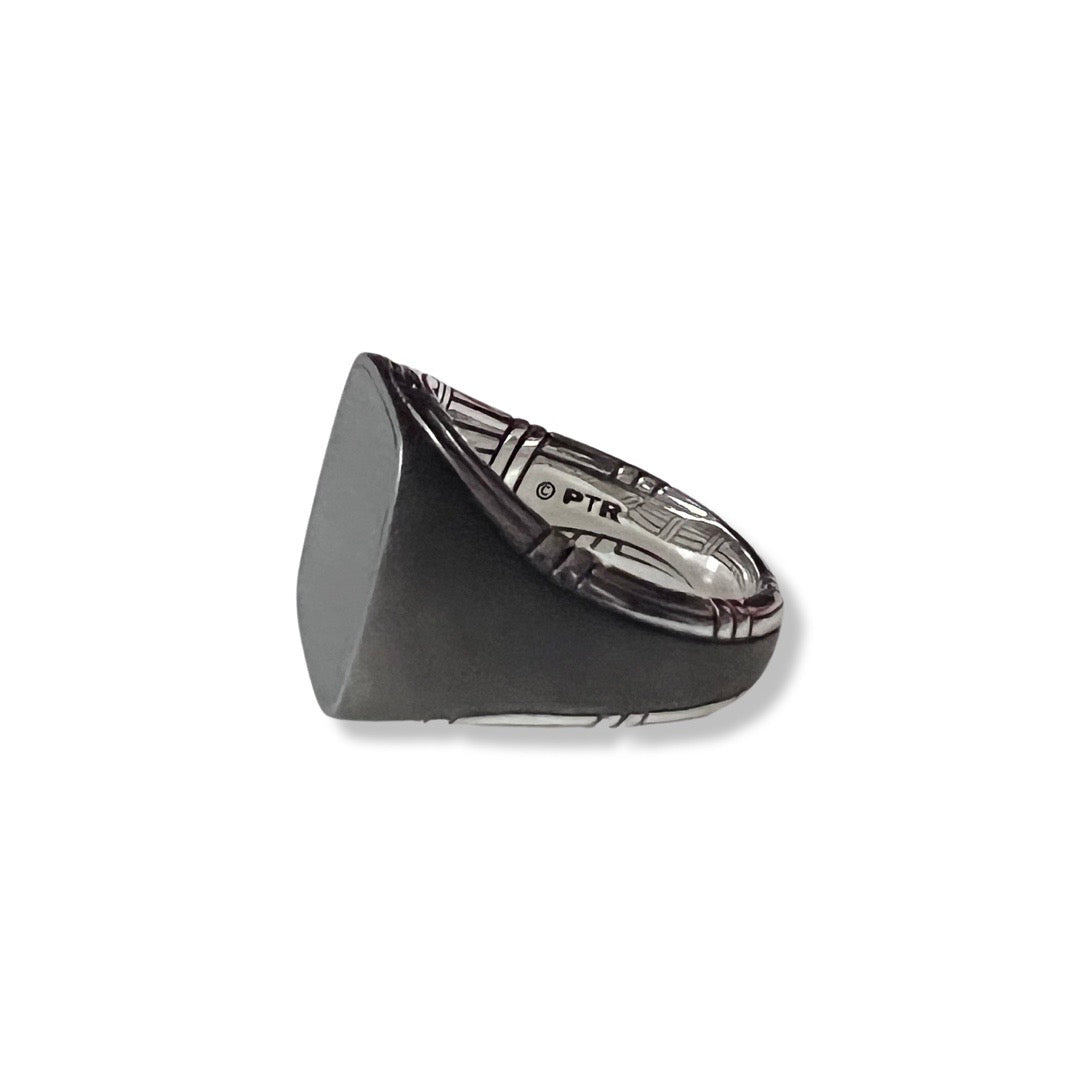 Explorer Cushion Signet Ring in matte two tone sterling silver with black onyx