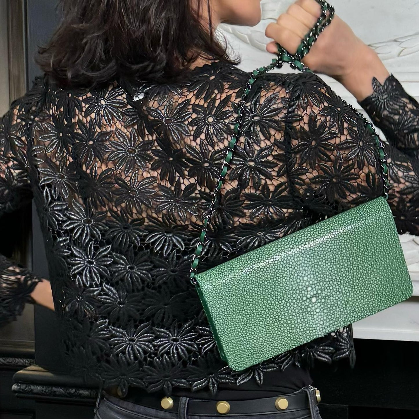Genuine Stingray Long Clutch in emerald green 10"L X 5"H