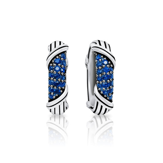 Signature Classic Pave Oval Hoop Earrings with blue sapphires in sterling silver