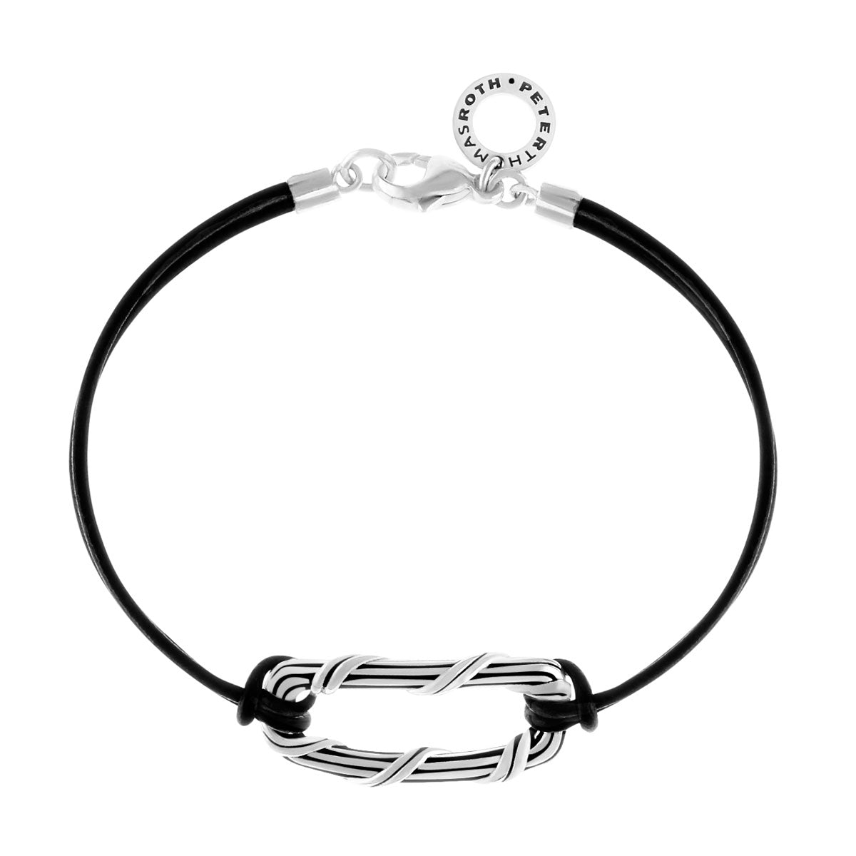 Rectangle Link Bracelet in sterling silver and black leather