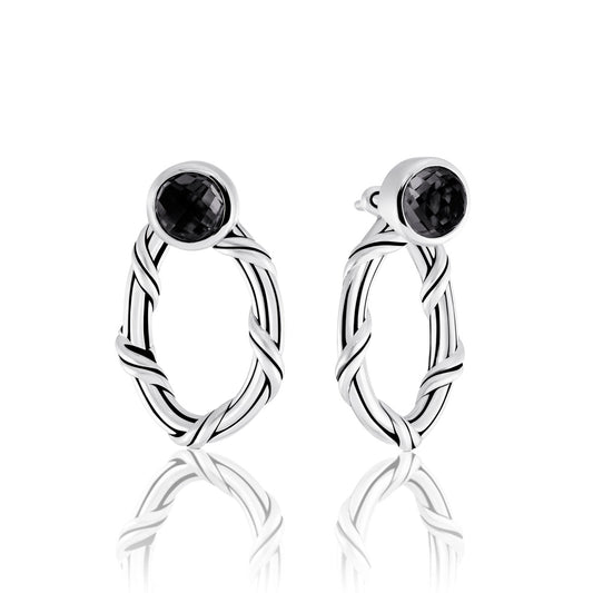 Sorbetto Gemstone Front Back Hoop Earrings in sterling silver with black onyx