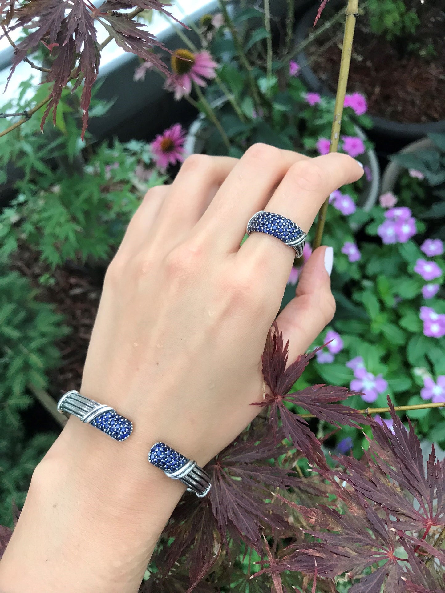 Signature Classic Pave Band Ring with blue sapphires in sterling silver