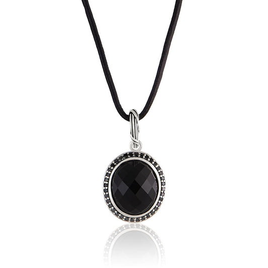 Galaxy Black Onyx Halo Necklace in sterling silver with black spinels and leather 20”