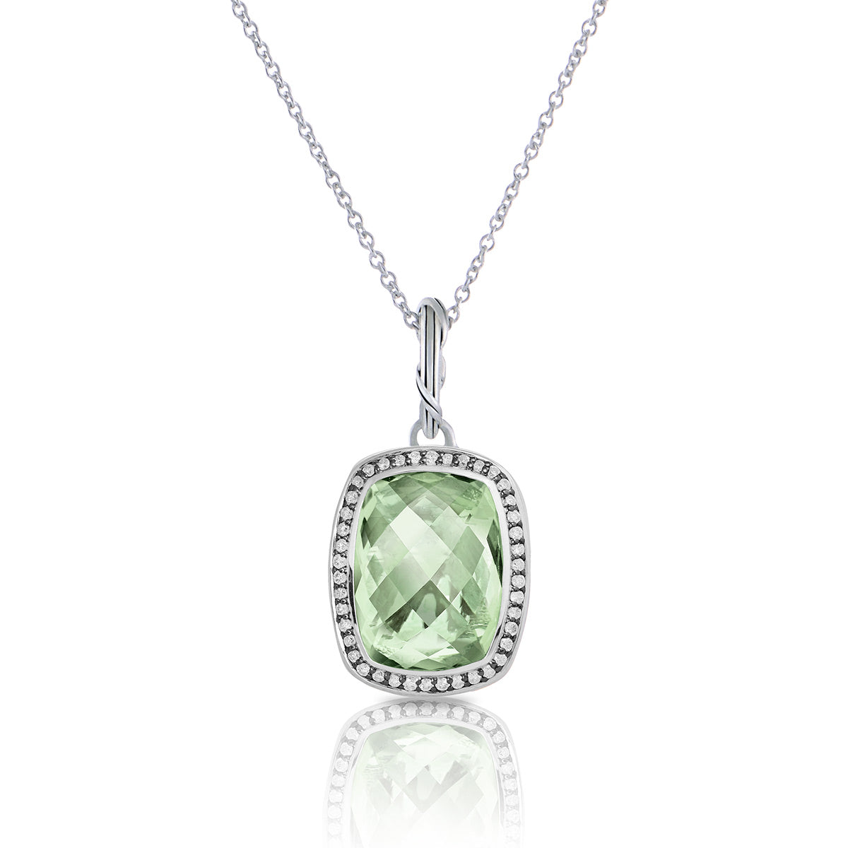 Fantasies Prasiolite Halo Pendant Necklace in sterling silver with white topaz