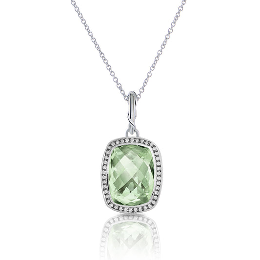 Fantasies Prasiolite Halo Pendant Necklace in sterling silver with white topaz