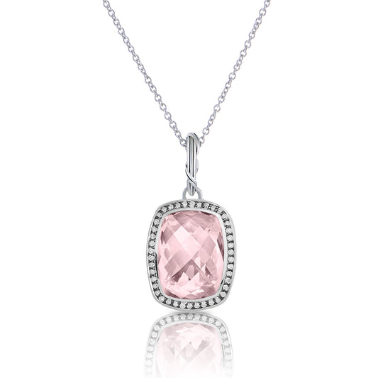 Fantasies Rose Quartz Halo Pendant Necklace in sterling silver with white topaz