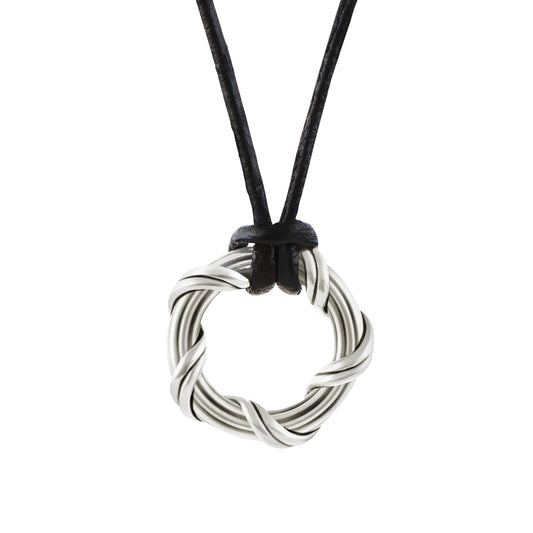 Explorer Circle Necklace in sterling silver and leather 24"