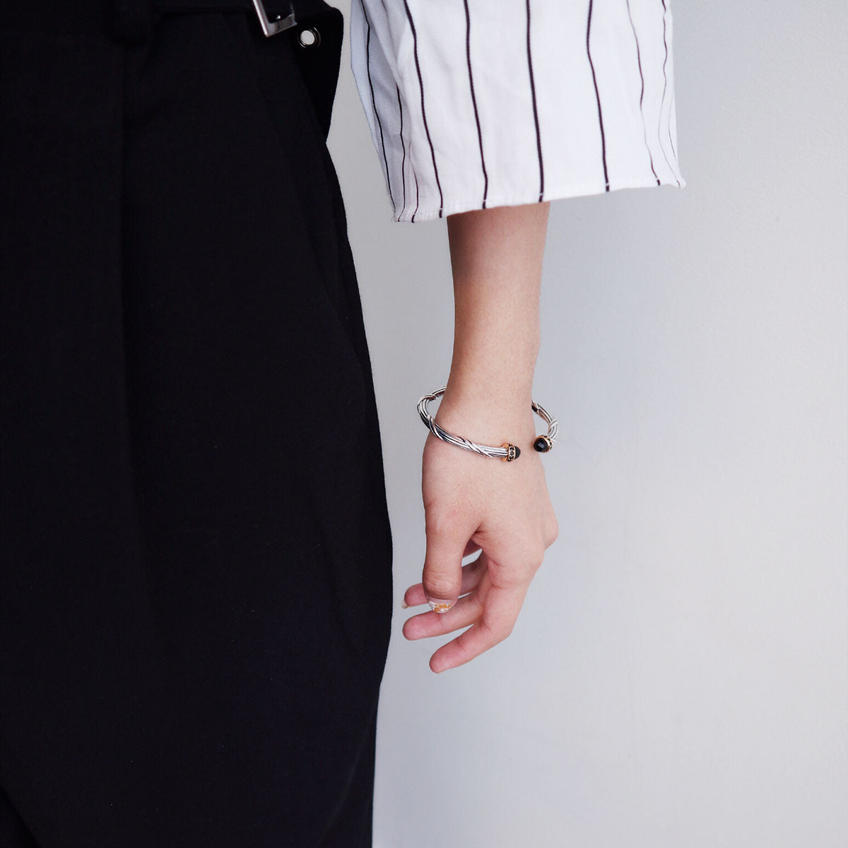 Deco Black Onyx Oval Cuff in two tone sterling silver with black spinel