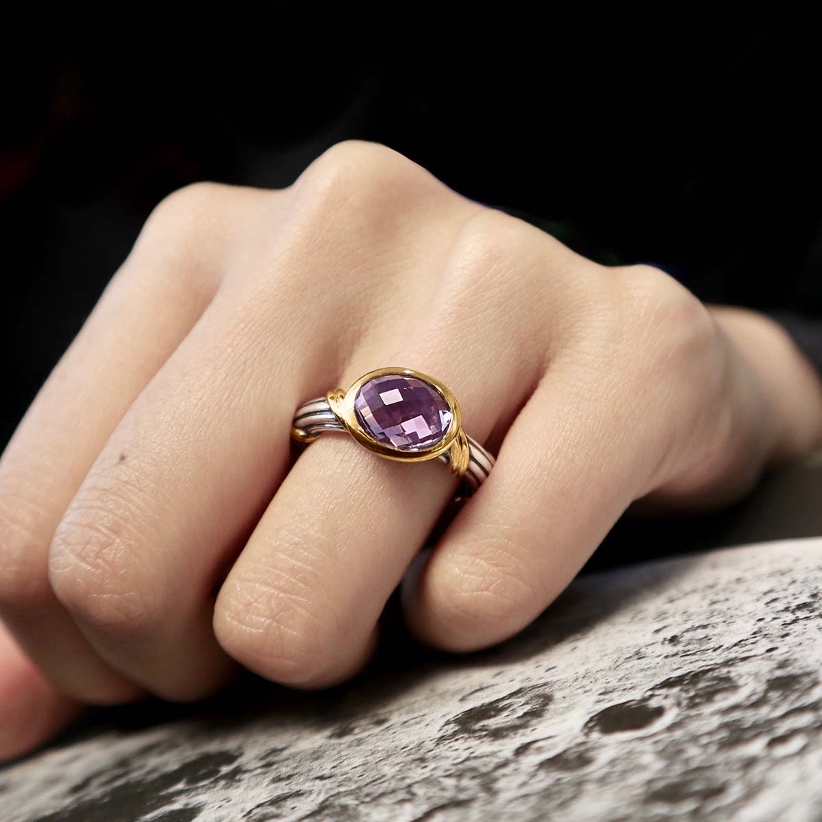 Fantasies Amethyst Oval Bezel Set Ring in two tone sterling silver