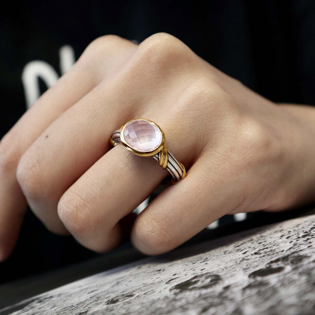 Fantasies Rose Quartz Oval Bezel Set Ring in two tone sterling silver