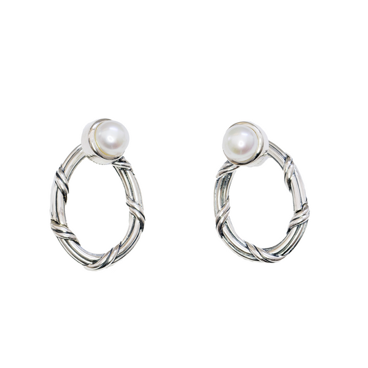 Sorbetto Gemstone Front Back Hoop Earrings in sterling silver with white pearls