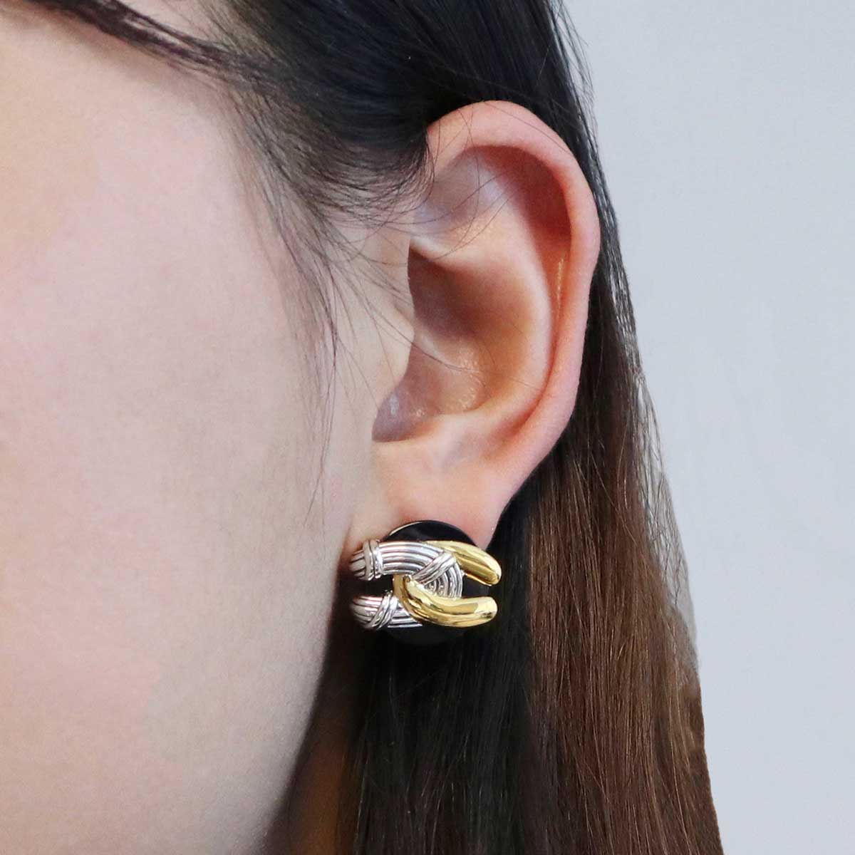 Southampton Disc Knot Earrings in two tone sterling silver with black onyx