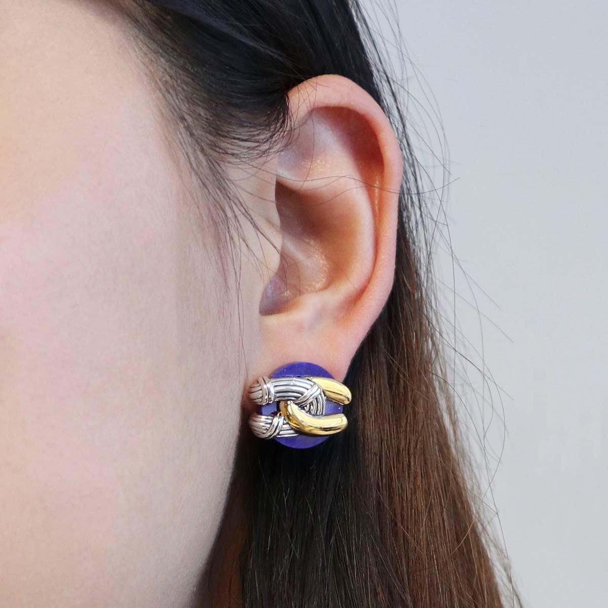 Southampton Disc Knot Earrings in two tone sterling silver with lapis
