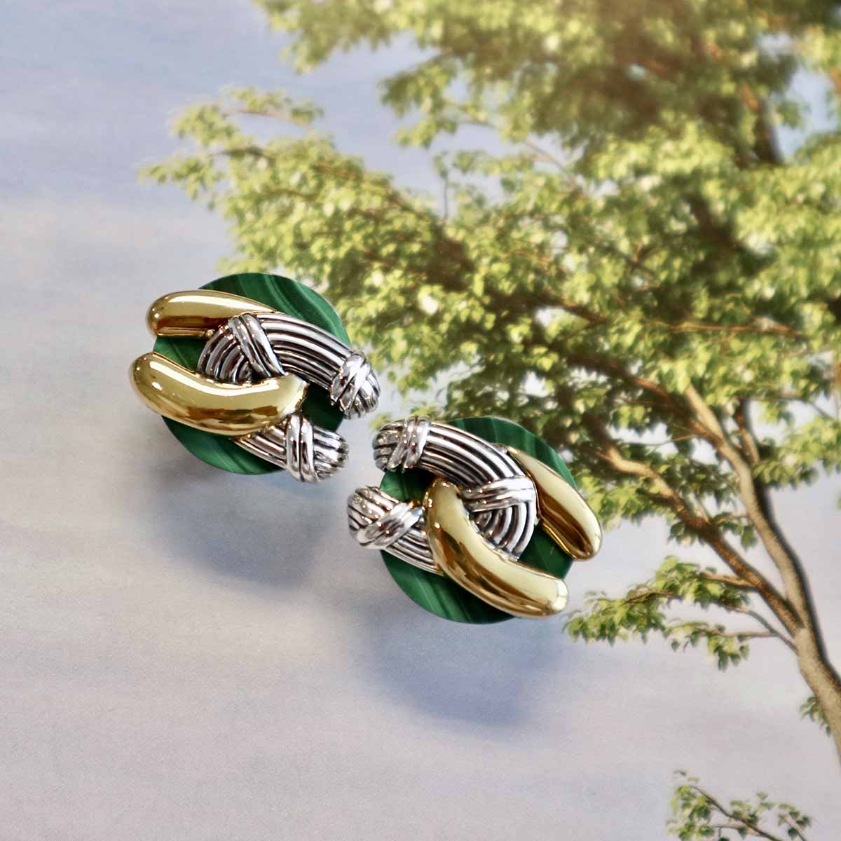 Southampton Disc Knot Earrings in two tone sterling silver with malachite