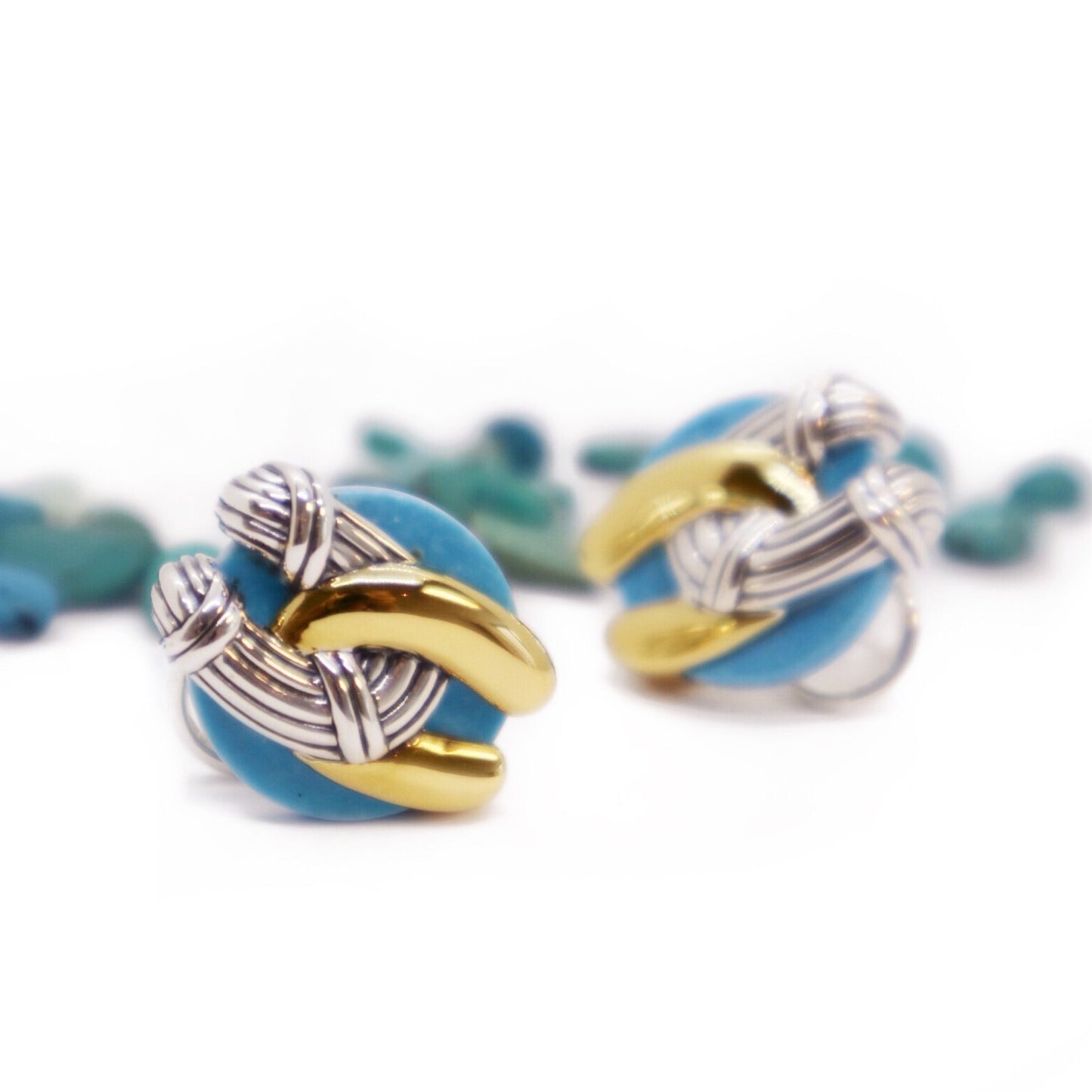 Southampton Disc Knot Earrings in two tone sterling silver with turquoise