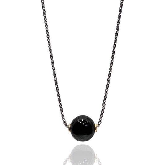 Bead Necklace with black onyx in two tone sterling silver