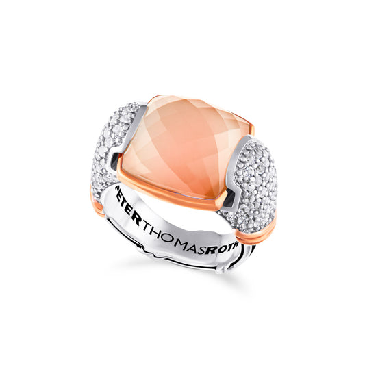 Fantasies Peach Moonstone Pave Statement Ring in two tone sterling silver with white topaz