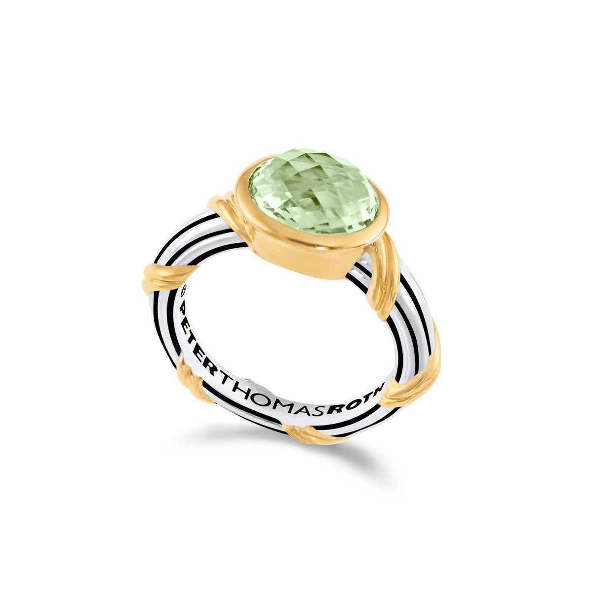 Fantasies Prasiolite Oval Bezel Set Ring in two tone sterling silver