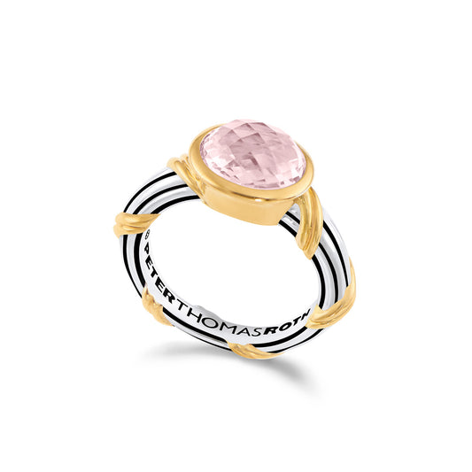 Fantasies Rose Quartz Oval Bezel Set Ring in two tone sterling silver