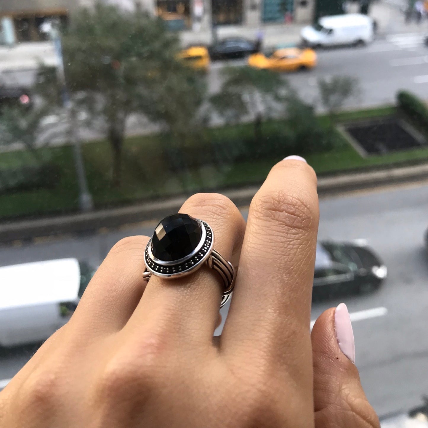 Galaxy Black Onyx Halo Ring in sterling silver with black spinel