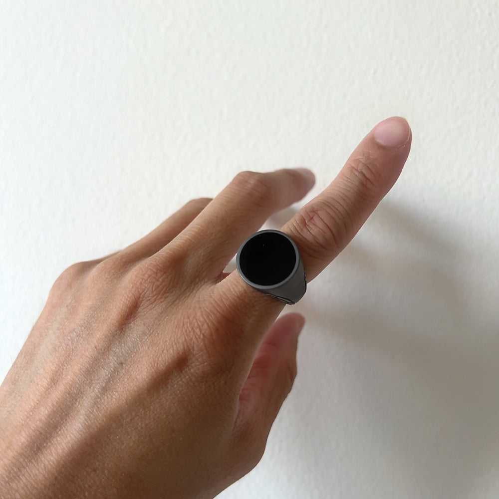 Explorer Signet Ring in matte dark grey ruthenium sterling silver with black onyx