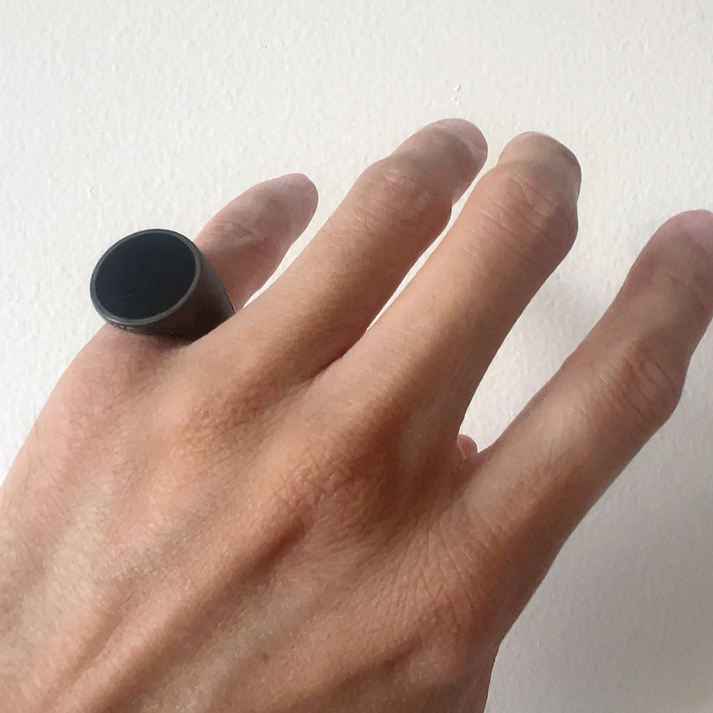 Explorer Signet Ring in matte dark grey ruthenium sterling silver with black onyx