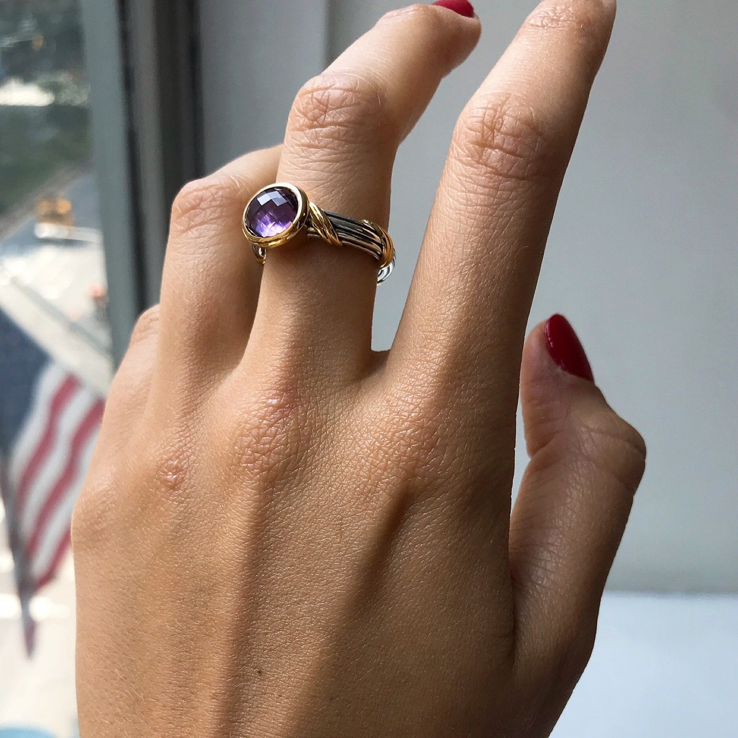 Fantasies Amethyst Oval Bezel Set Ring in two tone sterling silver