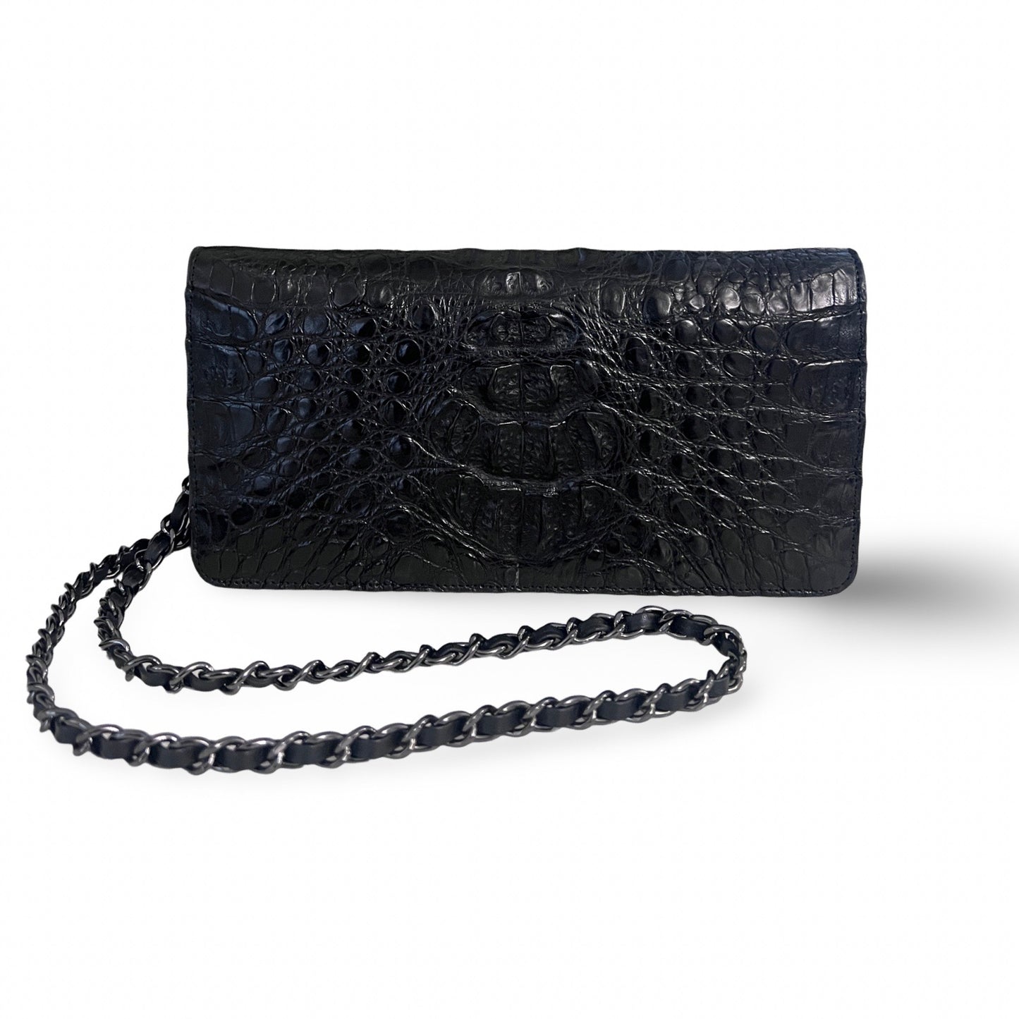 Genuine Crocodile Long Clutch in classic black 10"L X 5"H