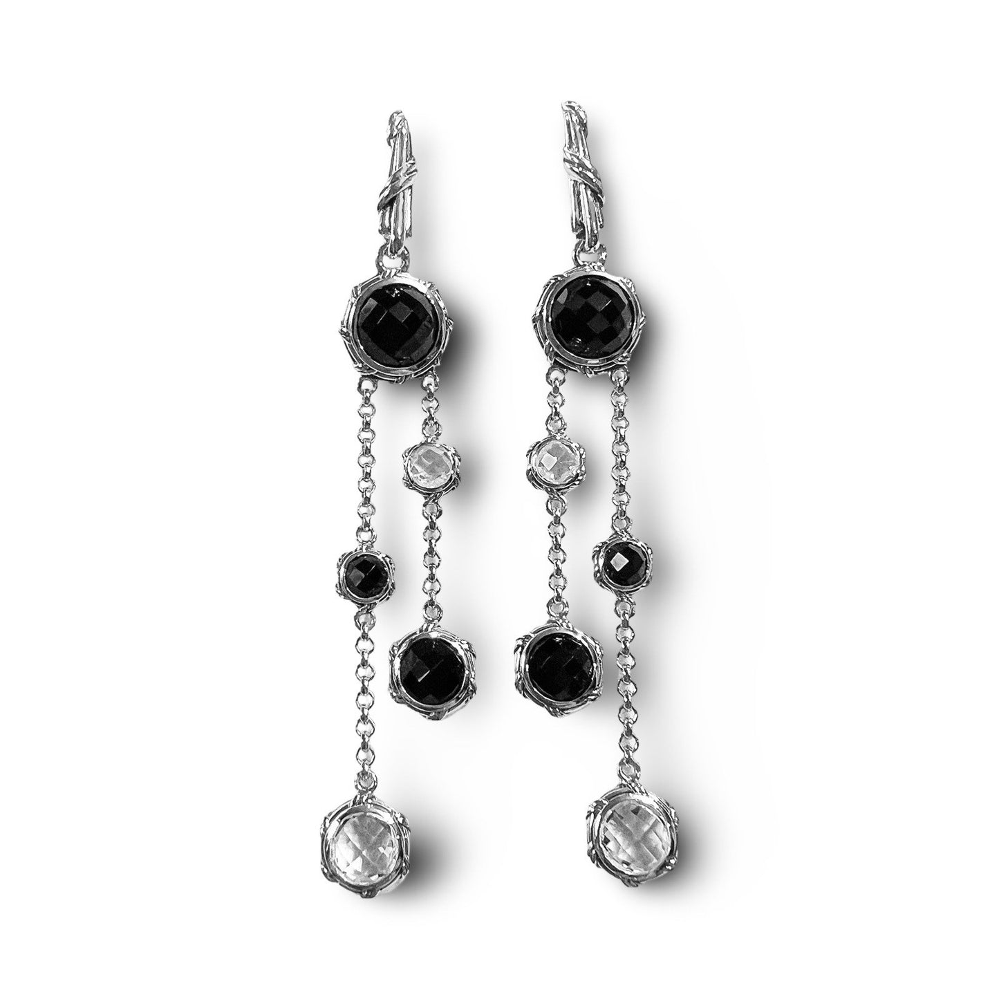 Fantasies Round Dangle Earrings in sterling silver with black onyx and rock crystal