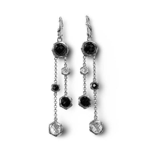 Fantasies Round Dangle Earrings in sterling silver with black onyx and rock crystal