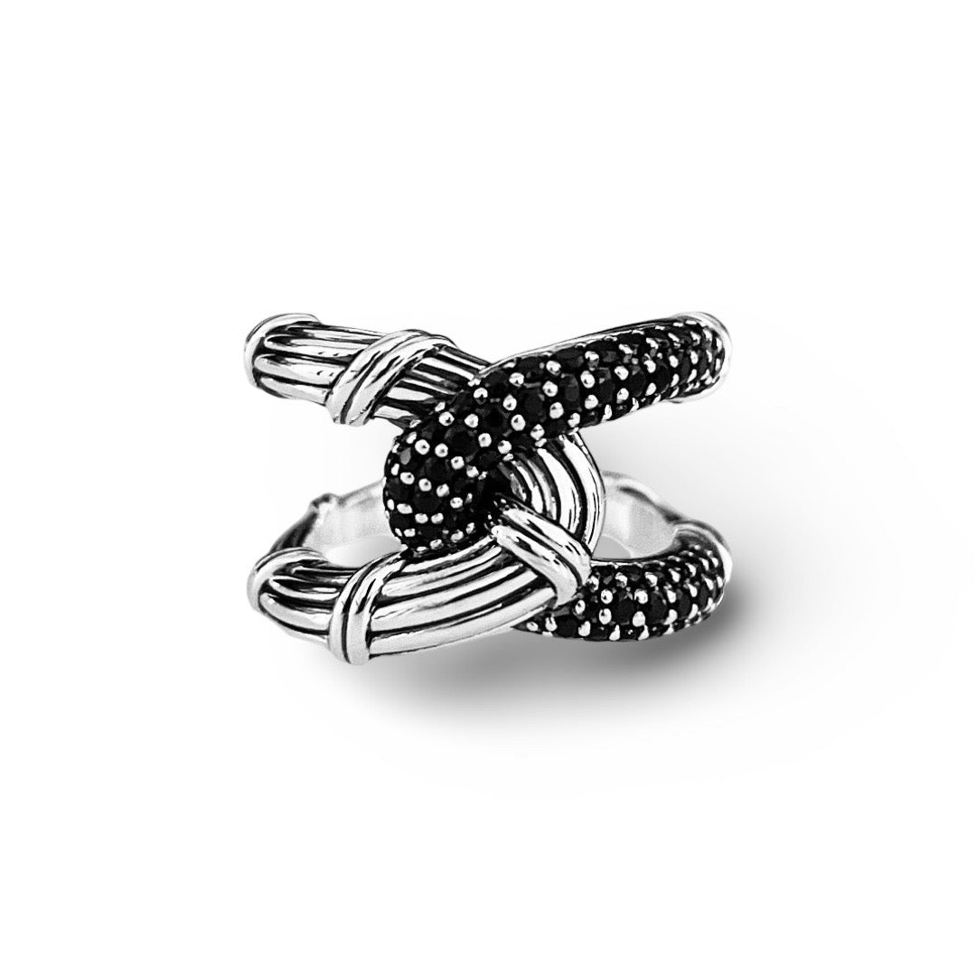 Southampton Interlocking Knot Pave Ring in sterling silver with black spinel