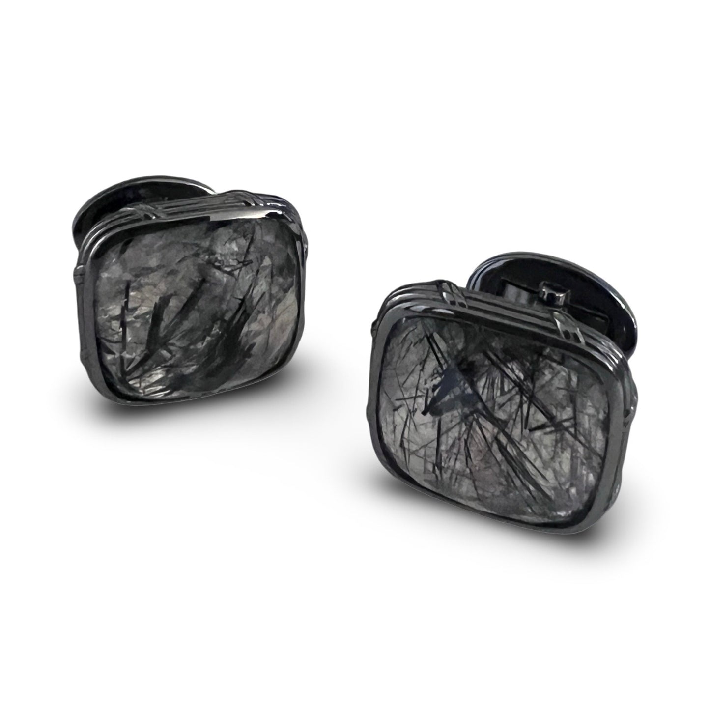 Noir Cufflinks with black hair quartz in ruthenium sterling silver (RESTOCK DEC,2024)