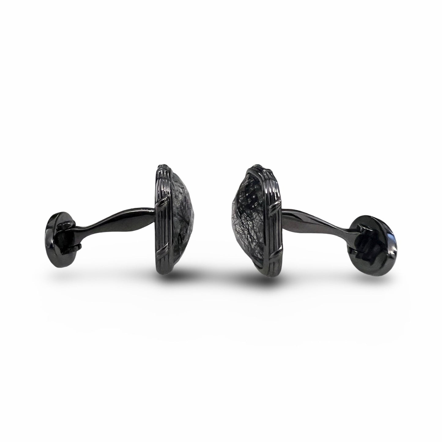 Noir Cufflinks with black hair quartz in ruthenium sterling silver (RESTOCK DEC,2024)