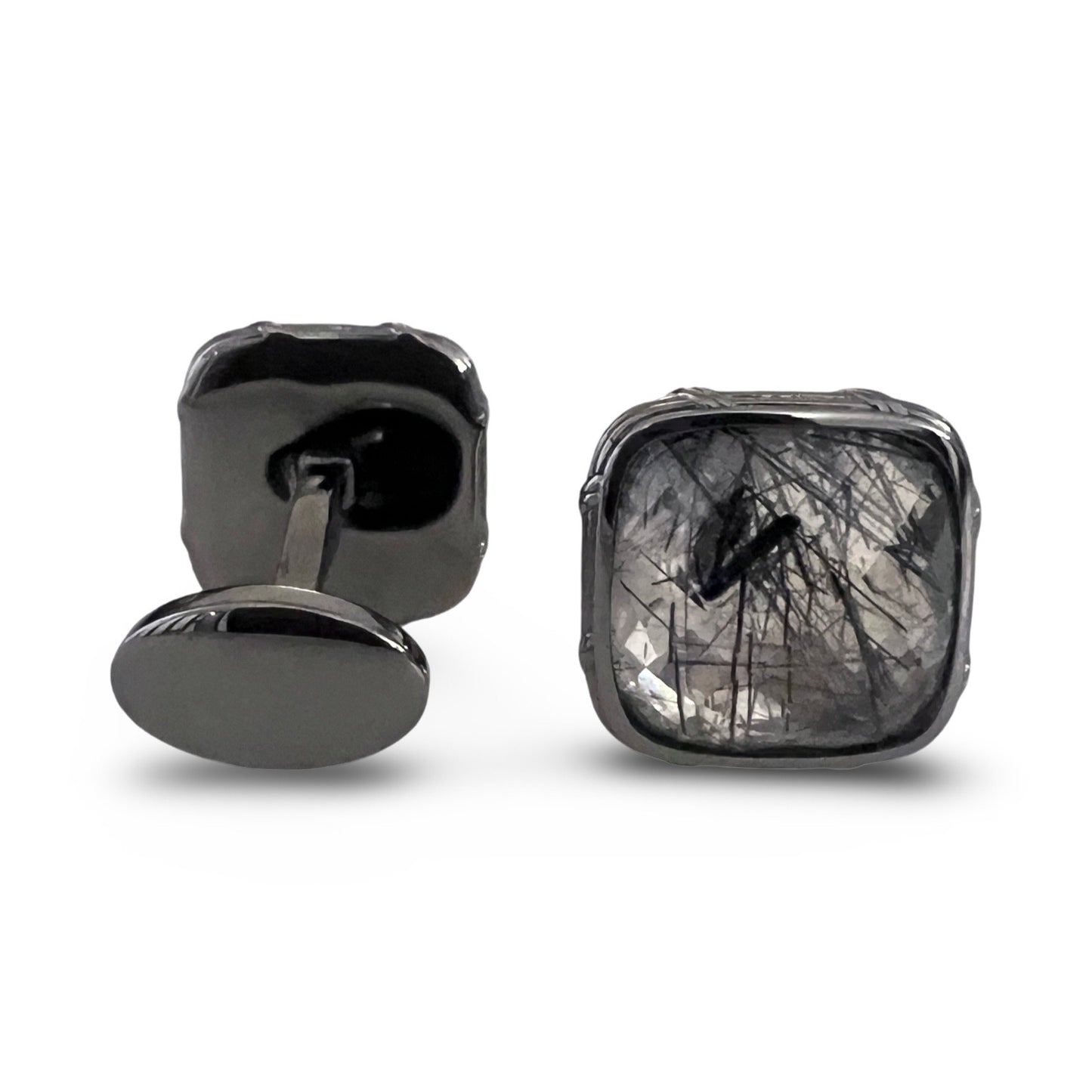 Noir Cufflinks with black hair quartz in ruthenium sterling silver (RESTOCK DEC,2024)