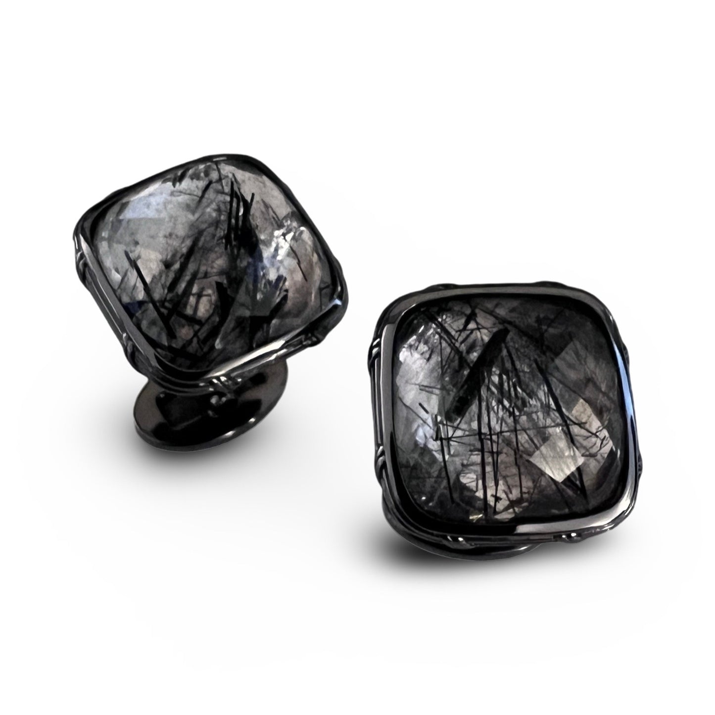 Noir Cufflinks with black hair quartz in ruthenium sterling silver (RESTOCK DEC,2024)