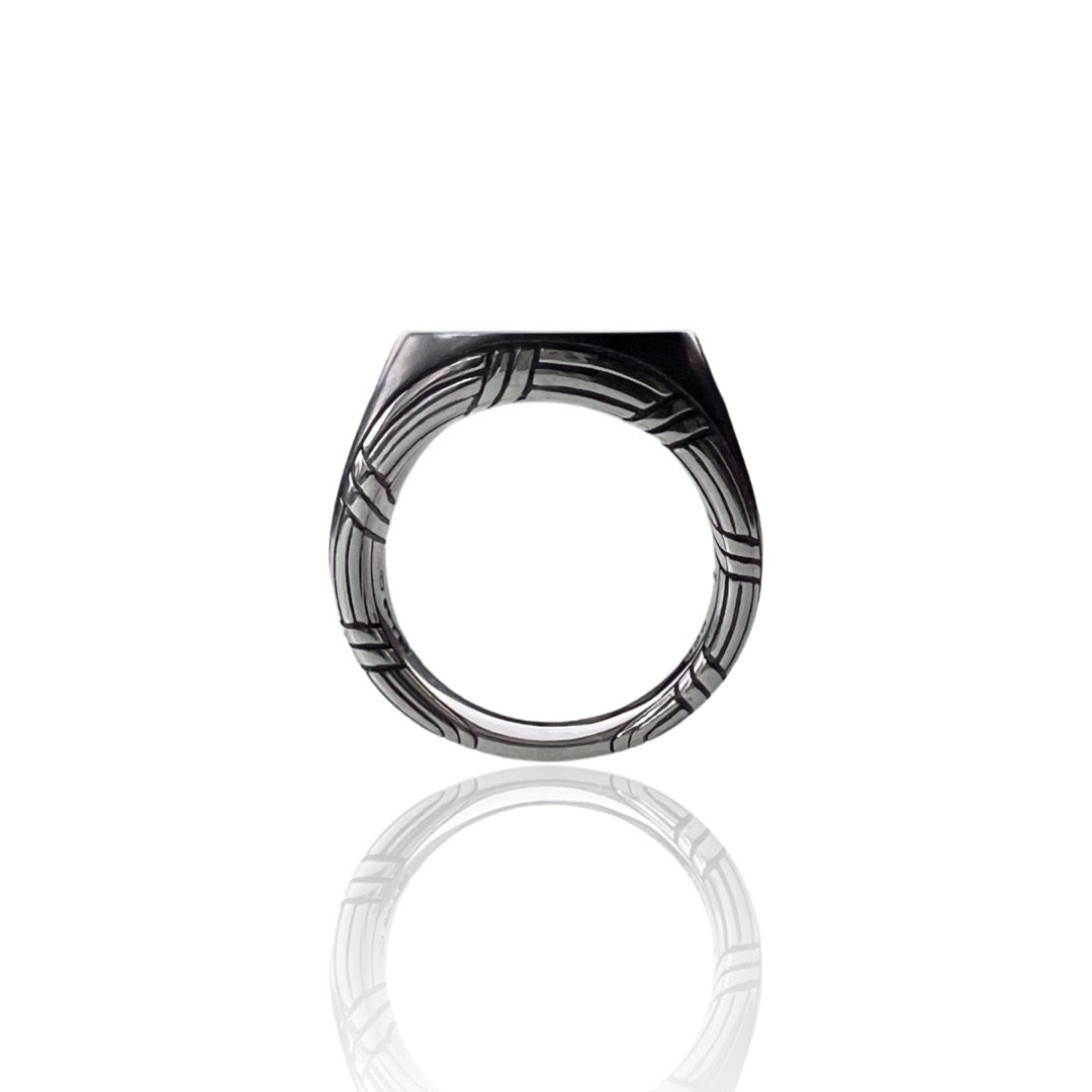 Explorer Signet Ring in two tone sterling silver with black onyx