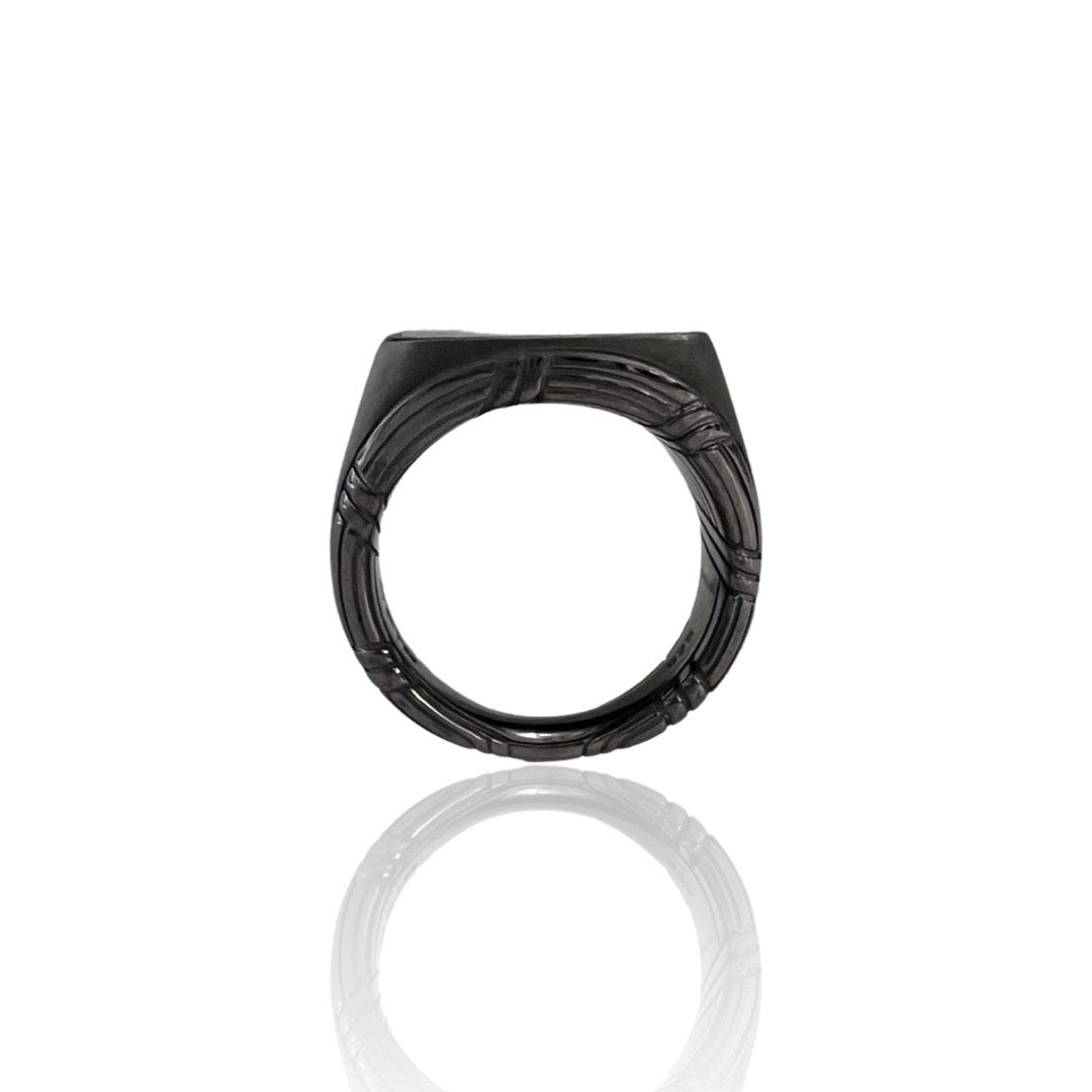 Explorer Cushion Signet Ring in matte dark grey ruthenium sterling silver with black onyx