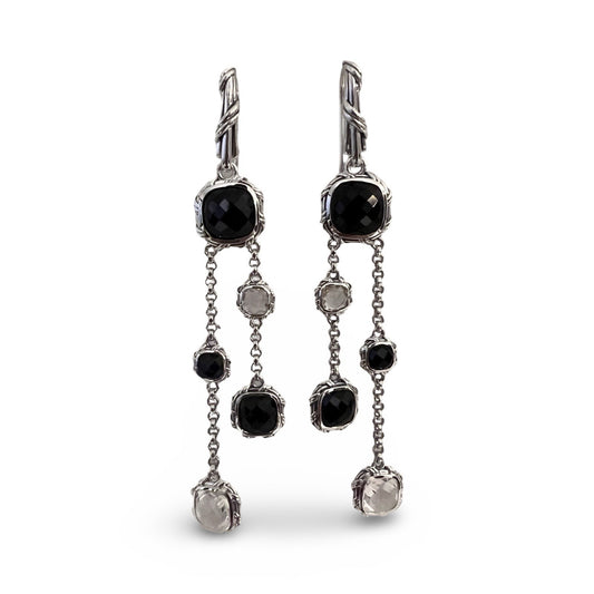 Fantasies Cushion Dangle Earrings in sterling silver with black onyx and rock crystal