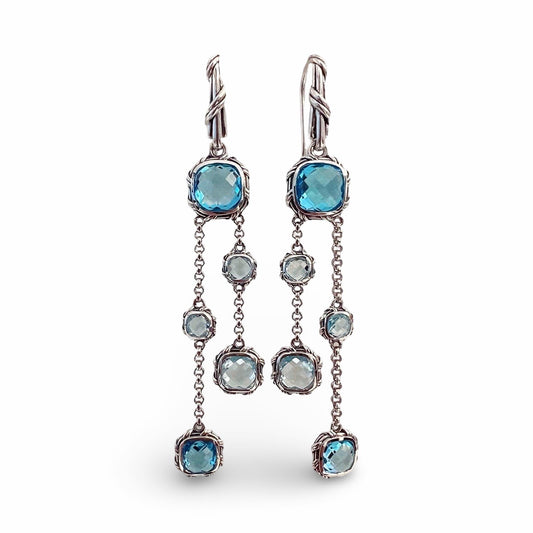 Fantasies Cushion Dangle Earrings in sterling silver with blue topaz