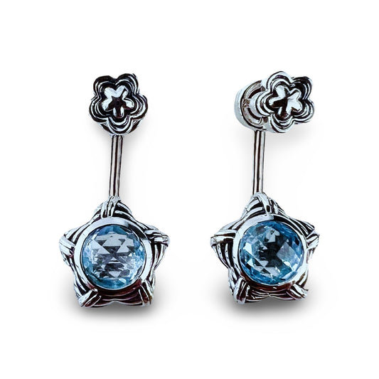 Fantasies Flower Push Pin Drop Earrings in sterling silver with blue topaz