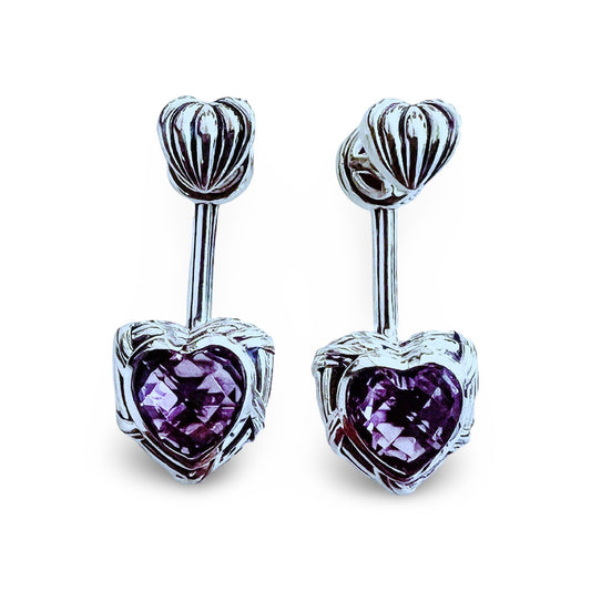 Fantasies Heart Push Pin Drop Earrings in sterling silver with amethyst