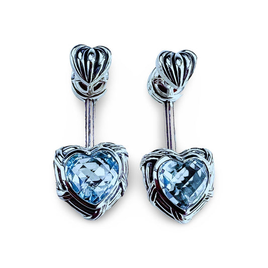 Fantasies Heart Push Pin Drop Earrings in sterling silver with blue topaz