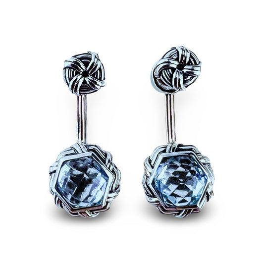 Fantasies Hexagon Push Pin Drop Earrings in sterling silver with blue topaz